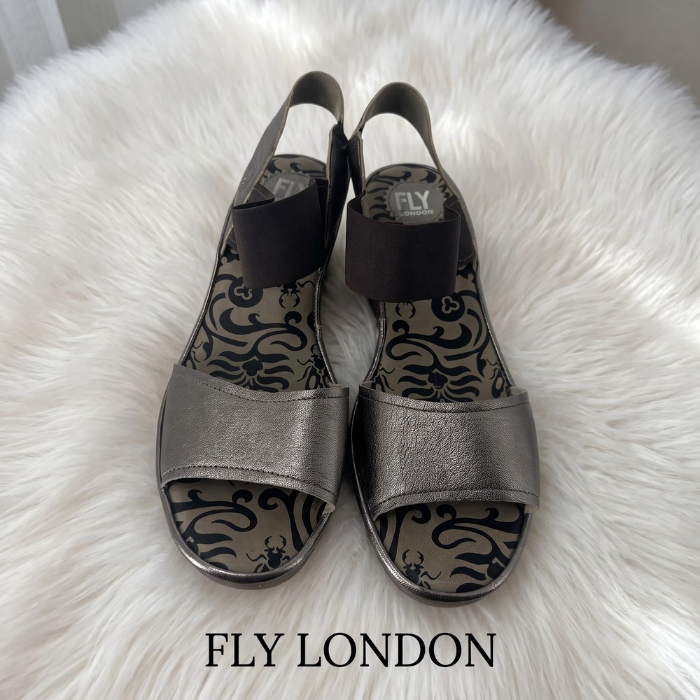 Fly London Yasi Pewter Metallic Leather Slingback Wedge Sandals P501074003 42
